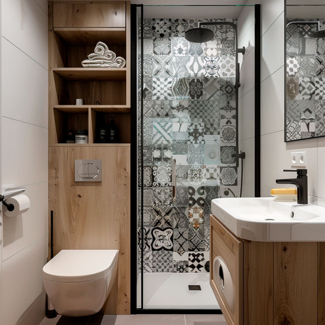 Modernes Badezimmer mit stilvollem Duschbereich Ein modernes Badezimmer mit einer Glasdusche mit kunstvollem Fliesenmuster, einem hölzernen Waschtisch und weißen Wänden.